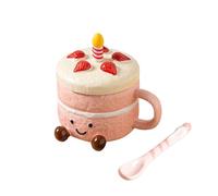 Generisch Coffee Mugs - 400ml Aesthetic Cake Shaped Ceramic Mug with Lid and Spoon | Tea Cup for Women Birthday Home Office School Hot Cold Water Milk
