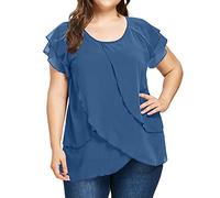 Generisch Colour Mesh Casual Top Size Plus Short Solid Neck Sleeve Round Women's Blouse Blood Angel Pullover, blue, XL