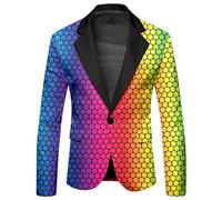 Generisch Colourful Suit Blazer Men's Jacket Carnival Costume Long Sleeve One Button LGBT Rainbow Tuxedo Party Wedding, O Blue, XL