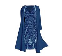 Generisch Colourful Women's Printed Chiffon Shirt Dress Long Sleeve V-Neck Casual Suit Pleated Mesh, blue, M