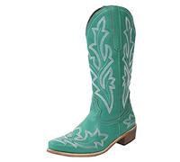 Generisch Cowboy Boots Women's Medium High Western Boots with Funnel Heel Half Boots Embroidery Riding Boots Pointed Toe Slip On Boots Long Sheep Women's Boots Winter Boots, Green, 5 UK