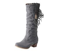 Generisch Cowboy Boots Women's Mid-Height Western Boots with Fringes - Half Height Elegant Medium High Boots with Block Heel Vintage Knight Boots Comfortable Half Boots Round Toe Slip Boots, gray, 8.5