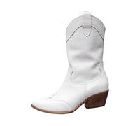 Generisch Cowboy Boots Women's Suede Western Boots Cowboy Boots Retro Zip Boots Block Heel Calf Boots Mid Calf Knight Boots Half Boots Riding Boots Women's Boots Transition Boots, White, 8.5 UK