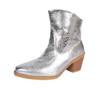 Generisch Cowboy Boots Women's Western Ankle Boots Medium Calf Height Boots - Leisure Half Boots PU Leather Waterproof Ankle Shoes Non-Slip Short Boots with Block Heel Women's Boots, silver, 6 UK