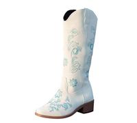 Generisch Cowboy Boots Women's Western Boots Stick High Boots Long Shaft Leather Boots Lace Cowboy Boots Women's Cowgirl Boots Knight Boots Flat Boots Retro Autumn Winter Shoes, White, 5 UK