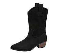 Generisch Cowboy Boots Women's Winter Half Boots Retro Elegant Slip On Boots Non-Slip Waterproof Winter Boots Block Heel Western Boots Lace Toe Wide Shaft Boots Colour Contrast Ankle Boots, black, 9