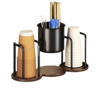 Generisch Cup and Lid Holder Sturdy 3 Compartment Rack with Wooden Base | coffee station organizer for counter desk tabletop cabinet home cafe drinks tea condiment