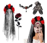 Generisch Day of the Bride Costume | Original Accessory with Flowers and Skull | For Halloween, Masquerade, Show, Mexican Party
