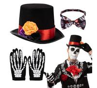 Generisch Day of the Dead Costume Accessories - 3 Piece Men's Set Hat Tie and Gloves with Rose Pattern | Halloween Accessory for Cosplay Party, Carnival, Costume or Theme Show