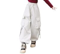 Generisch Denim Jean Girls' Cargo Trousers, Casual Jumpsuit with Wide Leg, Street Dance Trousers for Children, Thermal Leggings, Child, Light grey, 8-9 Years