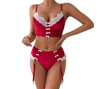 Generisch Dense Velvet Christmas Clothes Steel Ring Bra Two Piece Garter Belt Lingerie Europe the United States Large Size, red, L