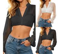 Generisch Dirndl Blouse for Women with 2 Collar Styles, Transparent Mesh Crop Top with Valance Sleeves, for Oktoberfest and Party, 01 black, XL