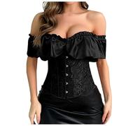 Generisch Dirndl Dresses, Elegant Brocade Corset Top with Cap Sleeves for Women, Halloween Medieval Victorian Cosplay Costume (Black, XXL)
