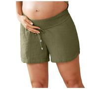 Generisch Double Layer Pleated Maternity Shorts for Women Underbelly Drawstring Elastic Waist Cotton Shorts with Pockets Summer Cute Beach Casual Shorts 2025, Army Green, L