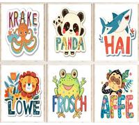 Generisch Dreamy Doodles® | Set of 6 | Learning Posters | High-Quality A4 Print without Frame | Children's Pictures Children's Room | Octopus Panda Shark Lion Frog Monkey | Baby Room | Wall Poster
