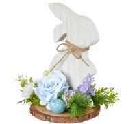 Generisch Easter Bunny Figurine - Wooden Farmhouse Rabbit Statue, Adorable Happy Easter Table Decoration Piece, White with Eggs and | Adorable Rustic Wood Ornament for Mantle Counter