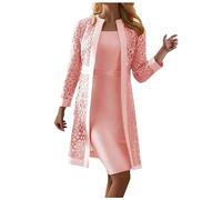 Generisch Elegant 2-Piece Set with Long Sleeve Cardigan Hollow Out Lace Dress for Formal Occasions Parties, pink, L