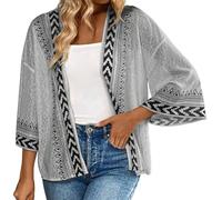 Generisch Elegant Casual Printed Flared Cardigan for Women Lightweight Soft Lace Trim Open Front Knitted Sweater Throw Blouse Tops, gray, XXL