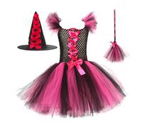 Generisch Elegant Tulle Dress for Little Girls with Witch Hat Magic Broom - Pageant Halloween Party Costume Set (4-5 Years)