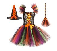 Generisch Elegant Tulle Dress for Little Girls with Witch Hat Magic Broom - Pageant Halloween Party Costume Set (Orange, 4-5 Years)