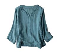 Generisch Embroidered Blouse Seven Quarter Sleeve Lightweight Casual Shirt Cotton Linen for Women Loose Fit Retro Top, blue, M