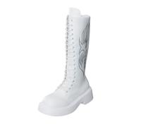 Generisch Embroidered Printed Side Zip Riding Boots Thick Heel Mid Shaft for Women Winter, White, 5 UK