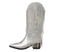 Generisch European and American Mid Tube Fashion Women's Foreign Trade Plus Size Retro Thick Heel Pleated Foot V Mouth Western Shoes Hallux Valgus Women's Width K, silver, 5 UK