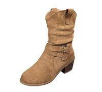 Generisch European and American Style Chunky Heel Boots 2025/Winter Arrival Round Cap Patchwork Buckle Attached Sock Style Boots Women's High Shoes with Fur, khaki, 5 UK