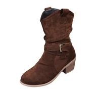 Generisch European and American Style Chunky Heel Boots 2025/Winter Arrival Round Cap Patchwork Buckle Attached Sock Style Boots Women's High Shoes with Fur, brown, 8 UK