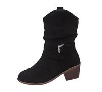 Generisch European and American Style Chunky Heel Boots 2025/Winter Arrival Round Cap Patchwork Buckle Attached Sock Style Boots Women's High Shoes with Fur, black, 8 UK