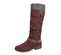 Generisch European and American women's boots with round and side zip and square heel, and winter, PU mid-tube boots, compatible with motorcycle, men 50, red, 10 UK