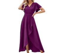 Generisch Evening Dresses for Women Plain V-Neck Summer Dresses Short Sleeve Elegant High Waist Cocktail Dress with Slit Party Dress Ruffle Festive Dress Wedding Dress New Year's Eve Outfit, Purple3,