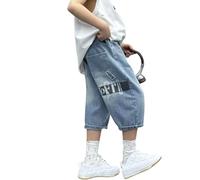 Generisch Fabric Trousers Boys Elastic Waist Wide Leg Casual Loose Seven and Eighth Jeans with Pockets Boys Summer Trousers, blue, 7-8 Years