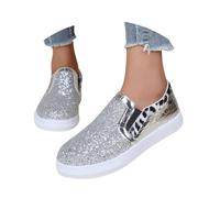 Generisch Fashion Casual Leopard Print Glitter Textured Loafers - Everyday Wear, silver, 5 UK