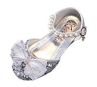 Generisch Fashion Summer Sandals Dress Performance Dance Shoes Flat Light Sequins Pearl Mesh Bow Buckle, silver, 6 UK Child