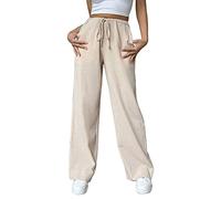 Generisch Fashionable women's casual trousers, pure cotton with drawstring, wide leg fit for ultimate comfort, khaki, L