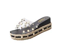 Generisch Fashionable Women's Sandals Wedge Heel Platform Heel Slippers Outdoor Slippers Trendy Women's Shoes Comfortable Summer Sandals with Pearl Jewellery, black, 7 UK