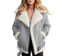 Generisch Faux Fur Coat Women's Leather Jacket Warm Lined Winter Jacket with Teddy Lining Lapel Bomber Jacket Suede Jacket Thick Biker Jacket Motorcycle Jacket Transition Jacket Zip Outwear, O Grey