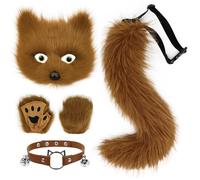 Generisch Faux Fur Fox Tail Cat Wolf Cosplay Costume Set Plush Mask Fluffy Paw Gloves Halloween Christmas Party for Girls Women