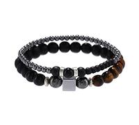 Generisch Fine Bracelet Set 8 mm Black Matt Tiger's Eye 4 mm Black Iron Wear Square Elastic Bracelet Men and Women Bracelets Name Beads, one size, Crystal, No Gemstone