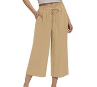Generisch Fitness Trousers Women's Linen Trousers with High Waist, Plain Loose and Tight Waist, Lacing and Wide Leg Trousers with Chain Women's Tight, khaki, L