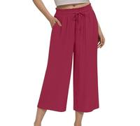 Generisch Fitness Trousers Women's Linen Trousers with High Waist, Plain Loose and Tight Waist, Lacing and Wide Leg Trousers with Chain Women's Tight, red, L