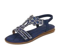 Generisch Flat Women's Sandals with Rhinestone T-Strap Design, Soft Soles Slingback for Summer, Beach and Everyday Use - Elegant Glitter Summer Shoes Also Available in Large Sizes, 6 Marine, 3 UK