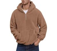 Generisch Fleece Jacket Men's Casual Plain Hooded Jacket Long Sleeve Zip Winter Jacket Double-Sided Teddy Fleece Jacket Autumn and Winter Outfits for Men, khaki, 3XL