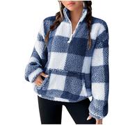 Generisch Fleece Jumper Women's Oversize 1/4 Zip Cuddly Jumper Checked Printed Teddy Fleece Jacket Casual Stand-Up Collar Long Sleeve Fluffy Pullover Sweatshirt Warm Plush Jacket with Pockets, blue, L