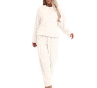 Generisch Fleece Pyjamas Women's Long Cuddly Pyjamas Winter Warm Pyjamas Thermal Flannel Sleepwear Two Piece Plush Fluffy Loungewear Casual Plain Leisure Suit, White, L