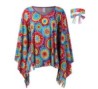 Generisch Flower Hippie Costume Women's Hippy Poncho Women's Set with 60s 70s Retro Clothing Hippie Accessories Carnival Fancy Dress Costumes Flower Power Clothing Women Boho Disco Outfit, O Blue, One