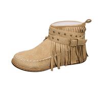 Generisch Fringe Boots Women's Slip-On Boots with Buckle Short Boots Round Toe Retro Half Boots Flat Ankle Boots Low Heels Vintage Ankle Boots Winter Boots, khaki, 5.5 UK