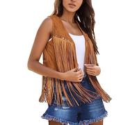 Generisch Fringed Faux Open Front Vest Sleeveless 70s Hippie Clothing Boho Western Jacket Coat Fur, yellow, L