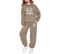 Generisch Girls 2-Piece Outfit, Long Sleeve Shirt with Jogging Bottoms, Soft Fleece, Festive Graphic Print for Holidays, Parties, Seasonal Family Celebrations, khaki, 4-5 Jahre